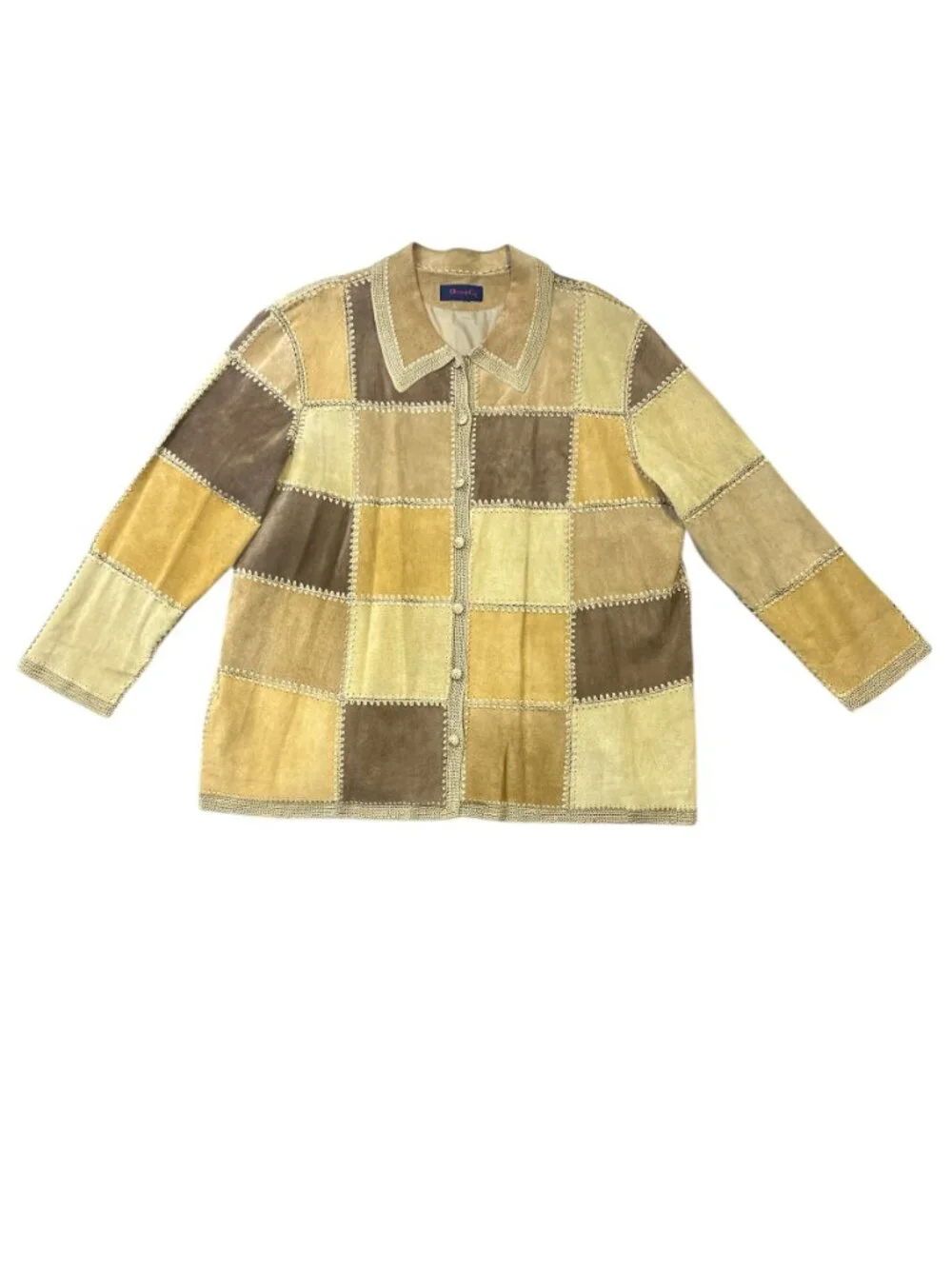 Denim & Co Womens 2X Patchwork Leather Suede Jacket Tan Brown Crochet Stitch 70s